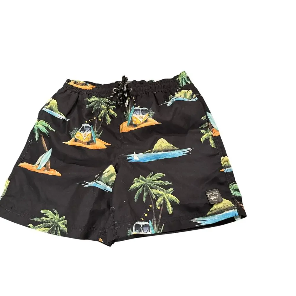 Spicy Tuna Mesh Lined Drawstring Swim Trunks Men Small black Retro VW Multi NWT